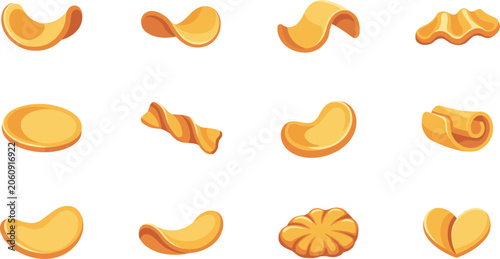 Billede på lærred Various Shapes Of Potato Chips And Crispy Snacks Vector Illustration Set Isolate
