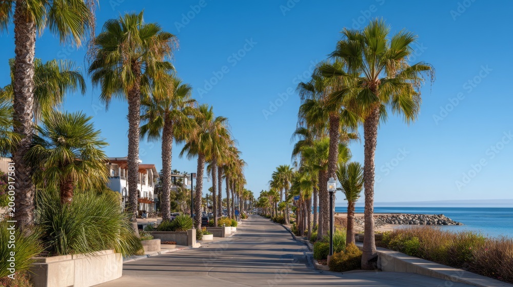 Obraz premium Scenic coastal pathway lined with palm trees leading towards serene beach and tranquil ocean under clear blue sky in a picturesque seaside town