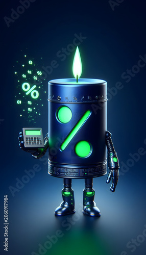 3D green candlestick robot holding a glowing percentage sign and calculator for financial planning.