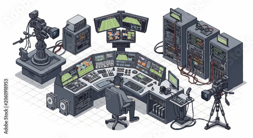 Obraz na płótnie Television studio control room with multiple monitors, cameras, and a technician at the console