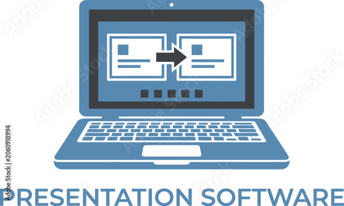 Modern blue laptop computer displaying presentation software slides 