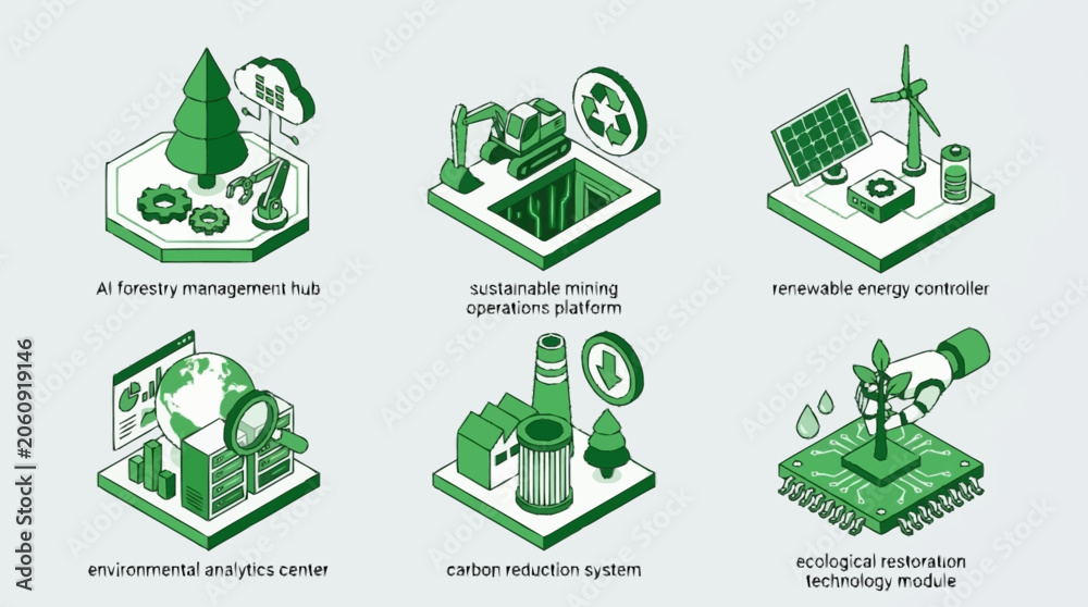 Φωτογραφία Set of isometric illustrations representing sustainable technology and environmental solutions for a greener future
