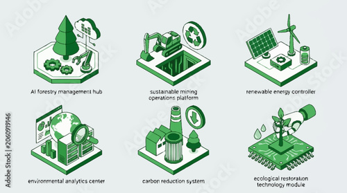 Obraz na plátně Set of isometric illustrations representing sustainable technology and environmental solutions for a greener future