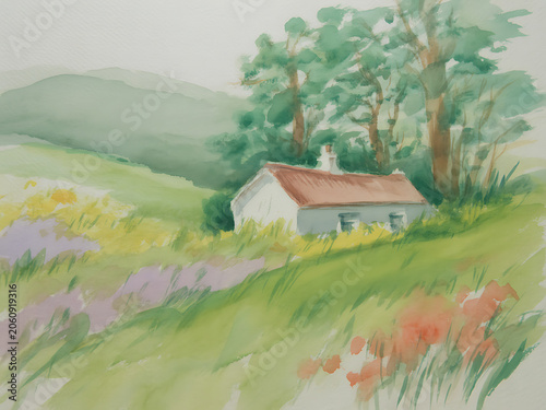 Small White House with Red Roof in Green Landscape with Flowers