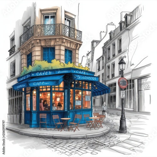Paris street corner with a blue cafe and cobblestone street in watercolor