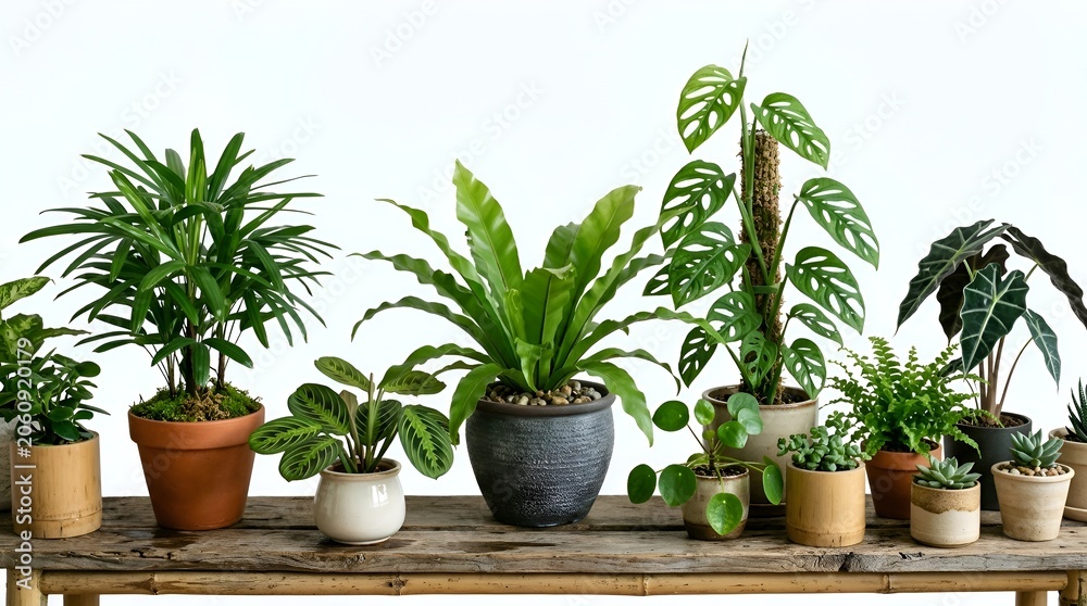 Fototapeta premium Assorted Houseplants on Rustic Wooden Shelf, Botanical Home Decor