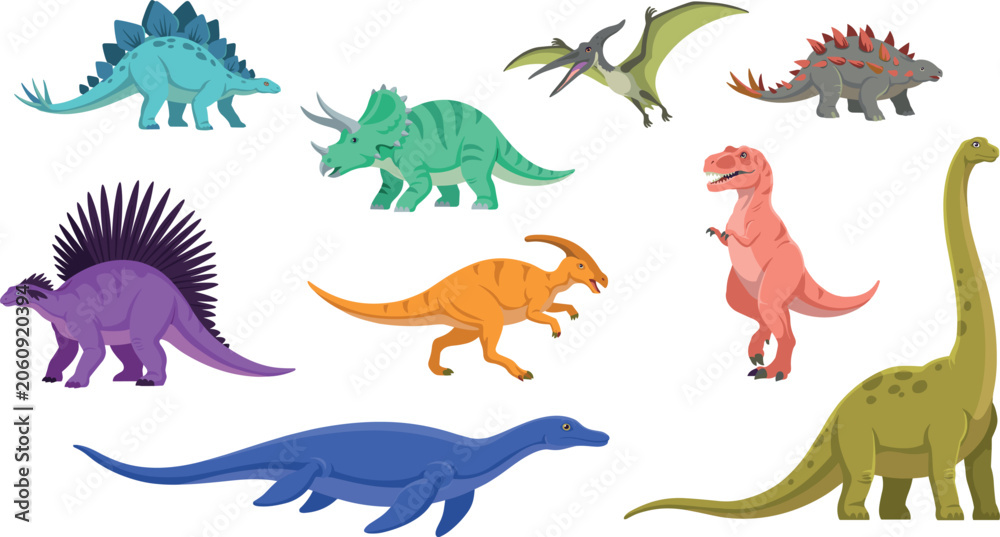 Fototapeta premium Cartoon Dinosaurs Prehistoric Reptiles And Ancient Creatures Collection Vector Illustration Set Isolated