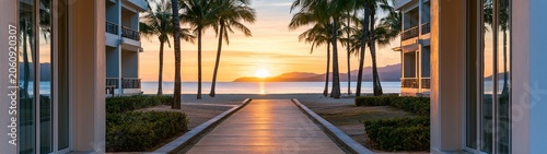 Tropical vacation resort booking at a luxury beachfront resort stunning sunset travel banner view