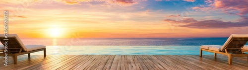 Luxury resort booking for a tropical vacation at a beachfront resort stunning travel banner view at sunset