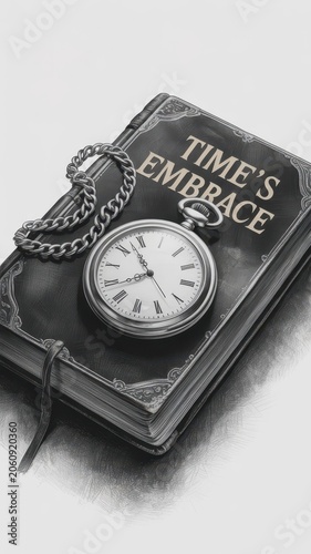 Pencil of a vintage pocket watch on a book titled time's embrace text clock