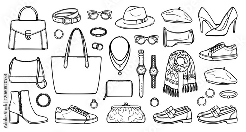 Fashion Accessories and Footwear Collection in Minimalist Line Art Vector Illustration