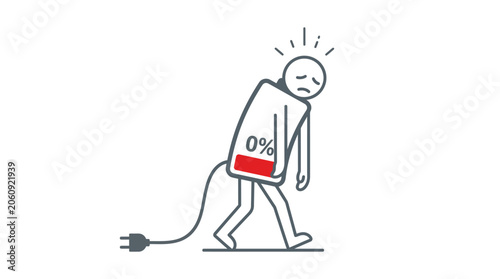 Exhausted stick figure with low 0 percent battery body representing burnout fatigue and need for recharge concept illustration