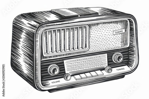 Retro style radio receiver with tuning dials and knobs in detailed ink