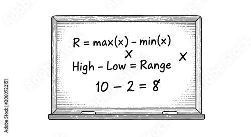 Math lesson on a blackboard: Range calculation, High minus Low equals Range