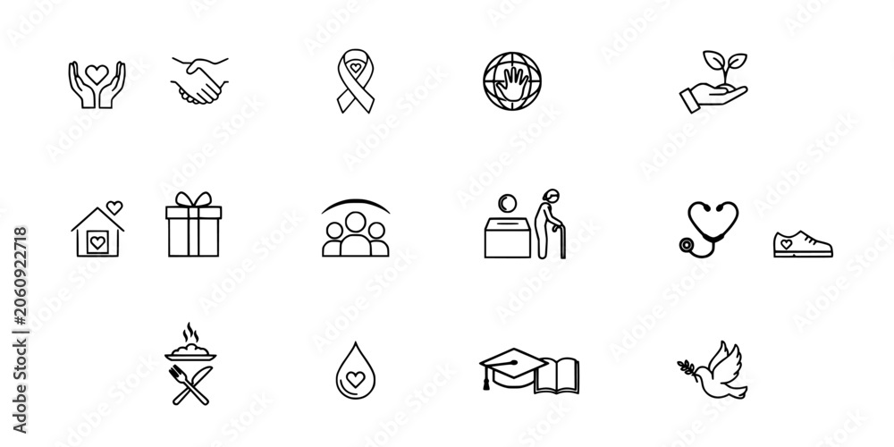 Fototapeta premium Icons Representing Various Social Issues and Positive Actions in Black and White Line Art Style Featuring Community, Support, Charity with Donation