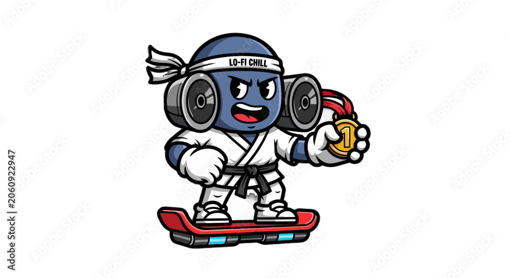 Fototapeta premium Cute Cartoon Character Skateboarding With Headphones And Gloves.