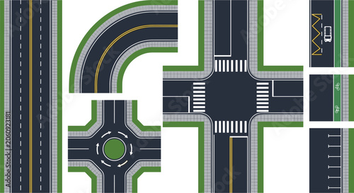 Top view road constructor vector elements set with highway junction curve roundabout and crossroad