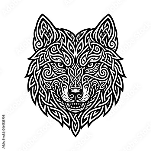 Wolf head illustration with intricate celtic knotwork patterns knotwork ornament intricate predator ferocious cultural mythology mystical monochrome stylized