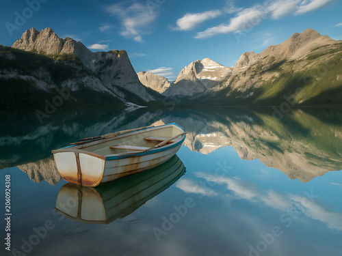 Small White Boat on Calm Lake with Snowy Mountains