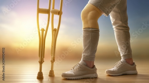 Person with Crutches Standing on Wooden Floor under Sunset Sky