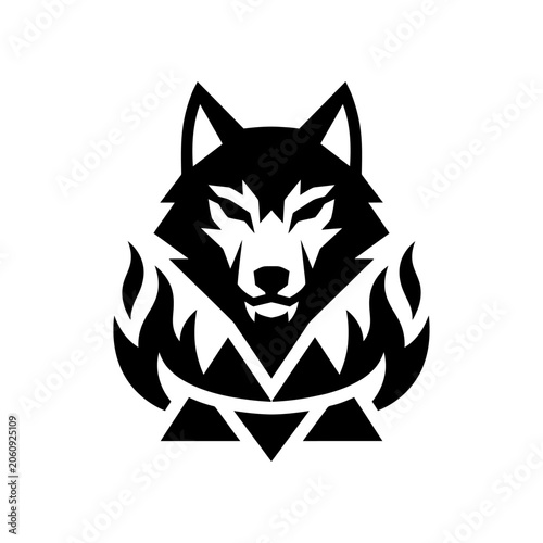 Wolf head mascot logo with flame accents modern graphic predator wildlife branding identity aggressive strength isolated silhouette illustration dangerous