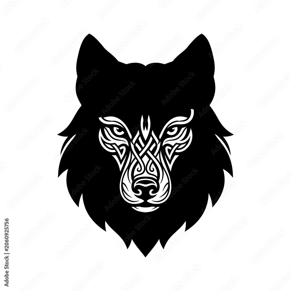 Fototapeta premium Tribal wolf head emblem with decorative knotwork pattern knotwork predator monochrome decorative ornamental intricate isolated strength silhouette traditional