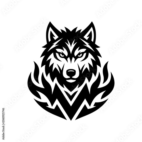 Wolf head mascot icon with flame design predator aggressive ornamental mystical insignia illustration stylized