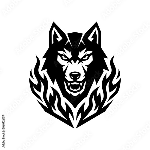 Aggressive wolf head emblem with tribal fire elements predator illustration aggressive monochrome stylized abstract strength ferocious wildlife symmetrical