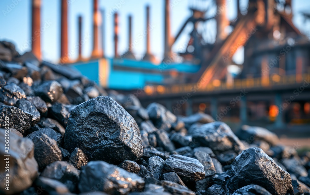 Obraz premium Close-up of rocky shoreline with industrial harbor background during sunset