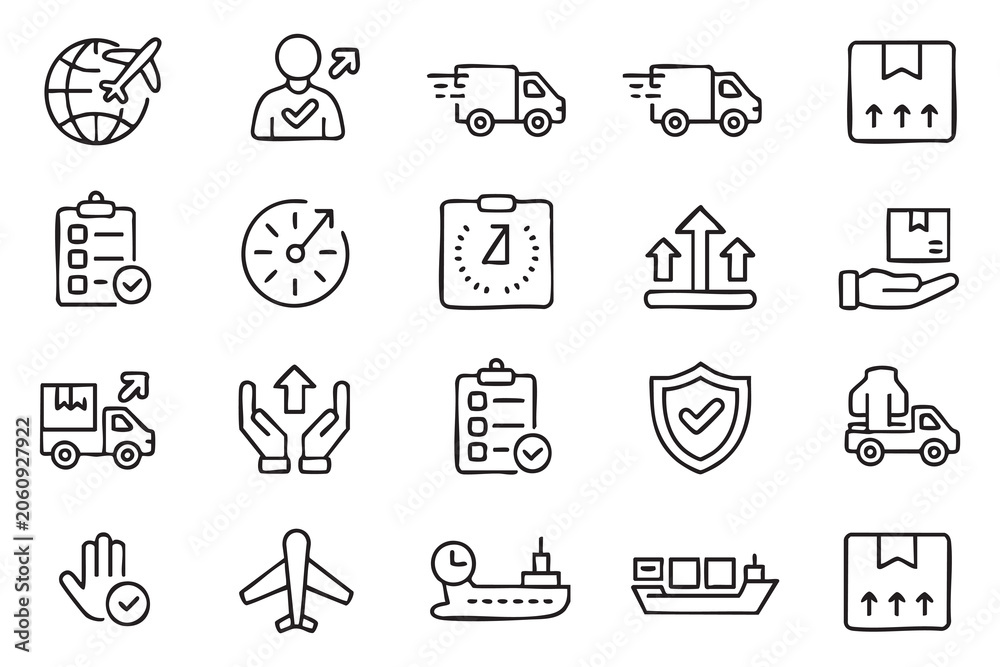 Fototapeta premium Supply Chain Logistics Icons for Distribution Platforms, Export Services and Inventory Management