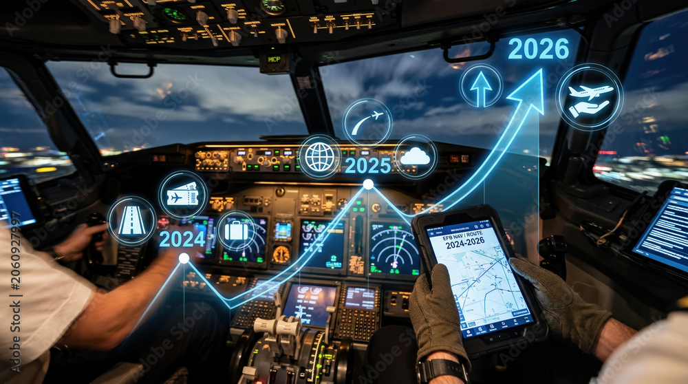 Fototapeta premium Hand holding a digital tablet in a commercial airplane cockpit with a futuristic glowing blue line graph overlay showing aviation growth trends and icons from 2024 to 2026.