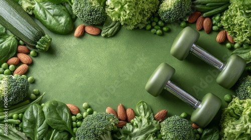 Fresh Green Vegetables and Dumbbells on Green Background for Fitness and Healthy Eating