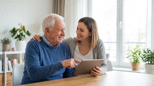 Happy multi-generational family sharing a tablet computer at home, elder man and young woman smiling at each other.