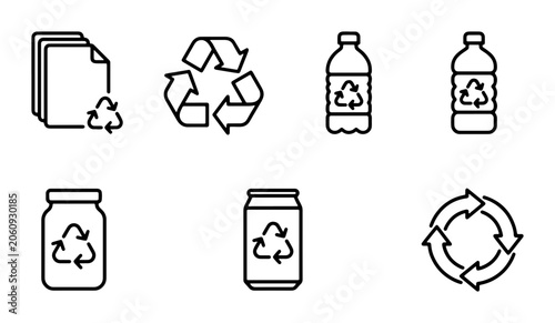 Recycling Icons Set: Plastic Bottles, Paper Stack, Glass Jar, Aluminum Can, and Circular Arrows for Eco-Friendly Design
