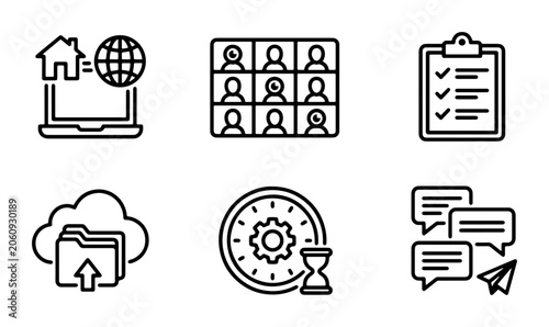 Remote Work Icons, Online Collaboration Set, Digital Communication Graphics, Project Management Tools, Cloud Storage Vector Icons, Team Meeting Symbols