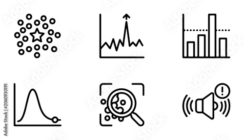 Data Analysis Icons Set, Statistical Charts Vector Graphics, Business Analytics Symbols, Scientific Research Icons, Information Visualization Elements, Isolated on White Background