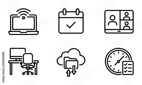 Modern Business Icons: Remote Work, Calendar, Video Call, Office Desk, Cloud Storage, Time Management Vector Set
