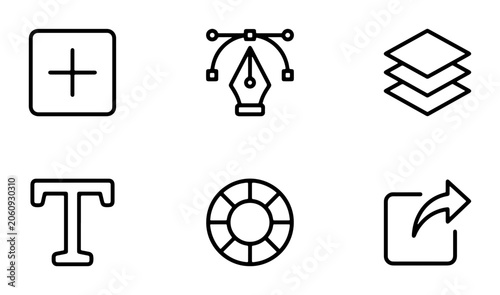 Vector Icons Set: Add, Pen Tool, Layers, Text, Color Wheel, Share for Graphic Design and UI Elements