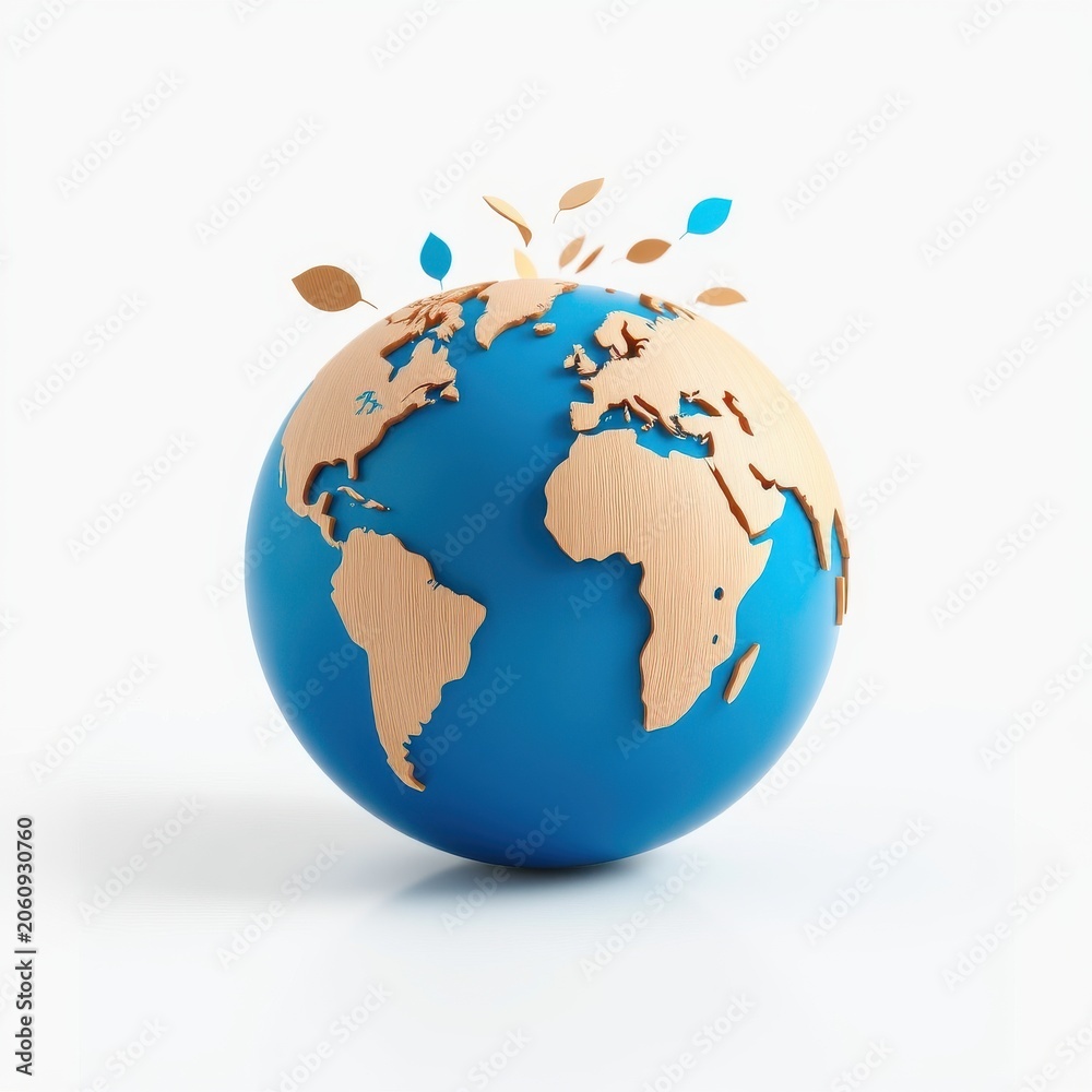 Fototapeta premium Globe depicts continents crafted from wood. Leaves float above, symbolizing nature, environment, sustainability. Blue oceans contrast warm tones.