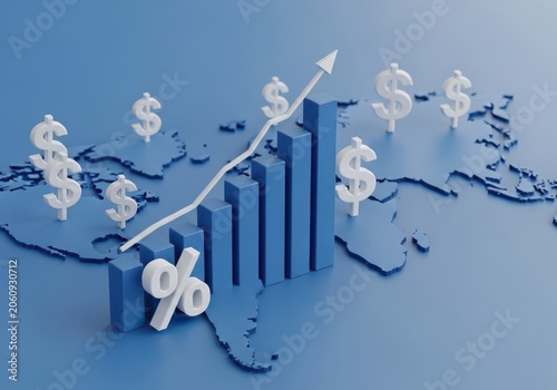 Bar chart with rising arrow and dollar signs on a world map background representing global economic growth