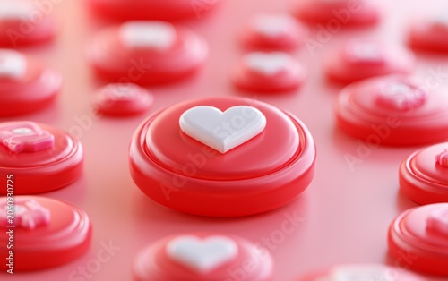Close-up of pink and white alarm buttons with heart symbols on a pink surface
