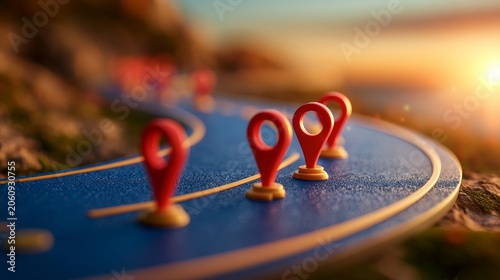 Close-up of a winding road with red map markers at sunset