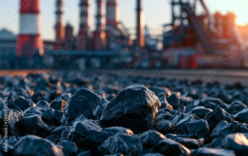 Industrial Power Plant with Smoke Stacks and Rocky Shore at Sunset