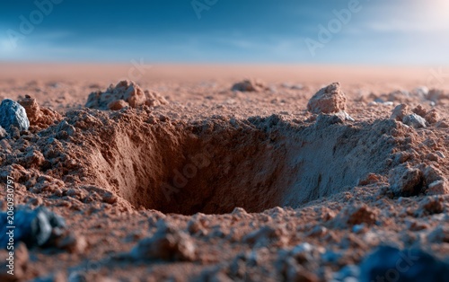 Deep Hole in Sandy Desert Landscape Under Clear Sky