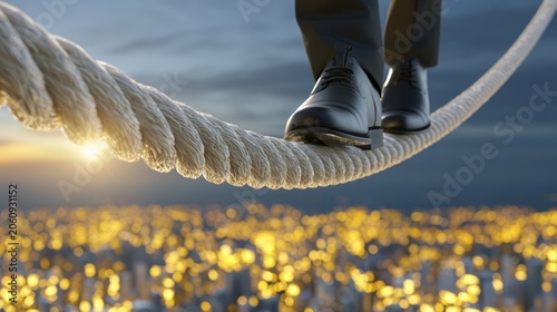 Businessman Walking on Rope Bridge Over Cityscape at Sunset