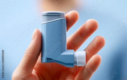 Person Holding Asthma Inhaler Close Up on Blue Background