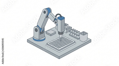 Isometric flat vector illustration of a robotic arm performing automated pipetting on a microplate, representing the concept of laboratory automation and precision mechatronics