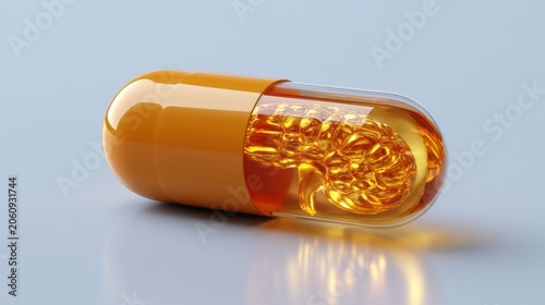 Close-up of a partially opened amber capsule with gel-like interior on a light background