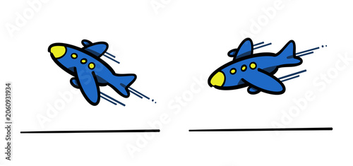 Cartoon Blue Airplanes Flying Opposite - Vector illustration of two blue planes flying in different directions with motion lines. Ideal for travel, aviation, transportation, and direction concepts