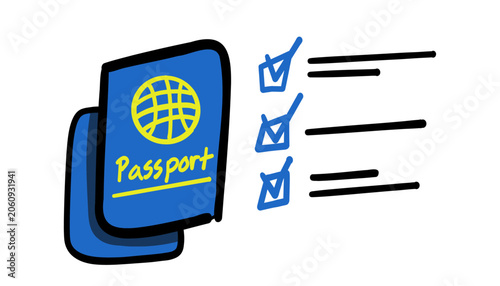 Cartoon Passport with Checklist - Vector illustration of blue passport and checklist with checkmarks. Ideal for travel, immigration, document, and planning concepts